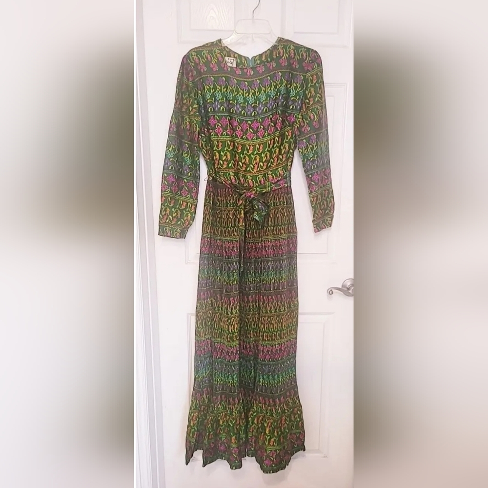 Vintage 60s Krist Accordian Pleated Maxi Dress with Belt Size Small Read